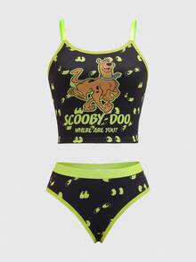 SCOOBY-DOO X SHEIN 大码女士卡通狗字母图案荧光青柠撞色包边文胸和内裤套装 - 黑色 - 查看 1