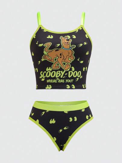 SCOOBY-DOO X SHEIN Conjunto de sujetador y calzones de talla grande para mujer con gráfico de perro de dibujos animados y letras, con ribete de contraste en neón lima