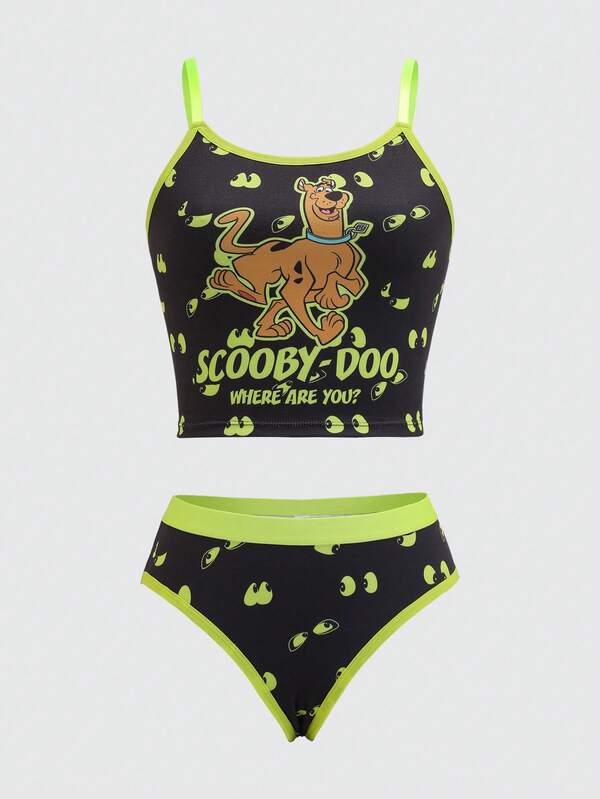 SCOOBY-DOO X SHEIN Conjunto de top de tirantes y pantaleta con estampado de perro de dibujos animados, cómodo para mujer