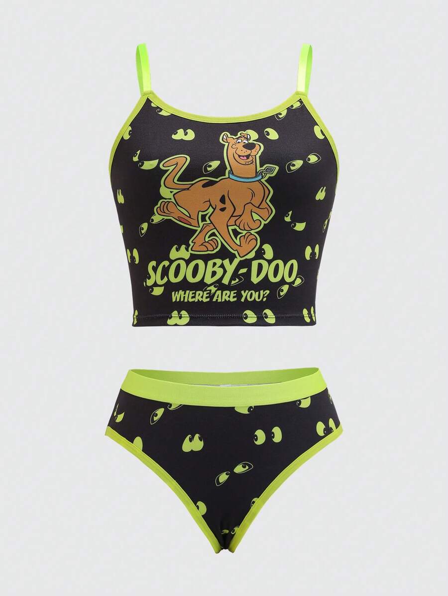 SCOOBY-DOO X SHEIN 大码女士卡通狗字母图案荧光青柠撞色包边文胸和内裤套装 - 黑色 - 查看 1