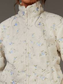 Athîral 女士花卉刺绣长袖拉链翻领仿皮草外套，常规版型，秋冬款 - 白色 - 查看 5