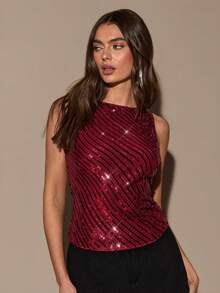 SHEIN BAE 优雅亮片装饰酒红色女士背心，适合鸡尾酒会、夜店、节日派对、圣诞节、万圣节等场合。 - 酒紅色 - 查看 5