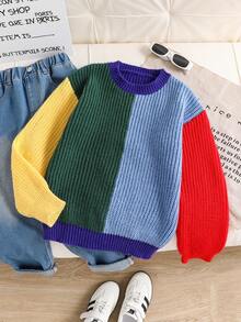 SHEIN Teenage Boys' Long Sleeve Casual Knit Sweater, Sports College Retro Color Block Crew Neck Pullover, Comfortable Warm Autumn/Winter Wear Knitwear Sweater For Kids Jumper For Kids Boy Sweaters
