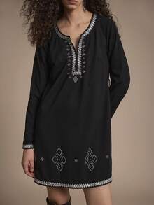 Chiquease Robe courte noire cintrée à la taille, style bohème Top de gamme pour femmes en automne/hiver, avec patchwork de rubans pailletés et ornements de strass - Noir - Voir 8