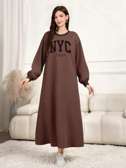 Modelyn NYC Letter Graphic Print Fashionable Raglan Sleeve Hooded Long Dress For Women, Spring/Autumn