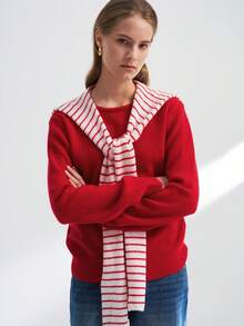 Franclia Striped Scarf Collar Design 2 In 1 Sweater - Red - View 6