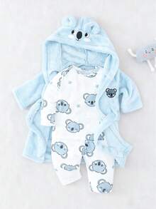 Newborn Baby Pajamas One Piece Set With Hooded Coat,Light Blue Koala Print Long Sleeve Footed Romper,Plush Look Winter Cute Lounge 2026 New Year - Baby Blue - View 1