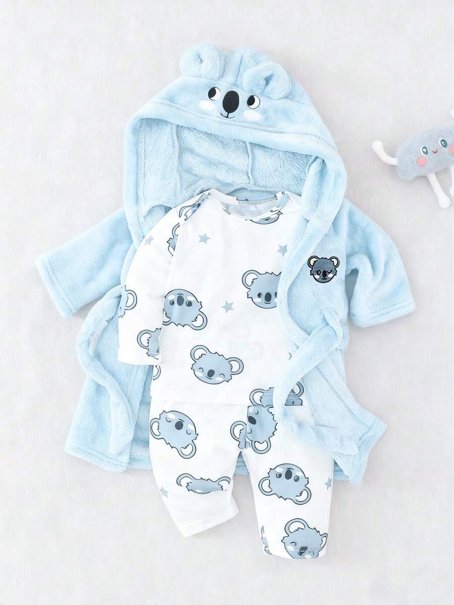 Newborn Baby Pajamas One Piece Set With Hooded Coat,Light Blue Koala Print Long Sleeve Footed Romper,Plush Look Winter Cute Lounge 2026 New Year - Baby Blue - View 1