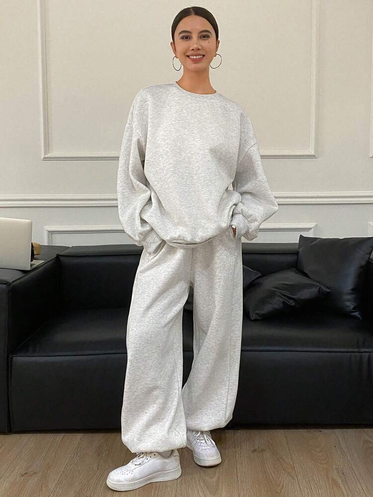 2pcs/Set Women Solid Color Loose Crew Neck Long Sleeve Sweatshirt & Sweatpants Set With Thermal Lined,Fall Women Clothes Tracksuits Women Set Lounge Sets For Women