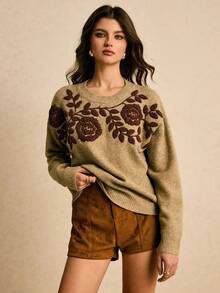 Poéselle Casual Retro Round Neck Long Sleeve Women Sweater In Fall/Winter,Fall - Khaki - View 4