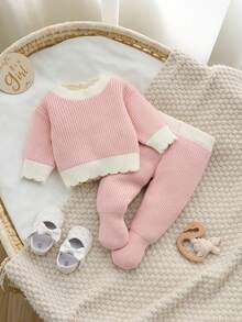 SHEIN Bộ 2 món áo len và quần cho bé gái sơ sinh, thanh lịch và mềm mại, phù hợp cho mùa thu/đông, thường ngày, đi chơi, du lịch, nhà trẻ - Hồng - Xem 7