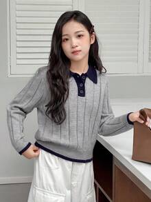 Dazy Kids 少女休闲撞色滚边毛衣，秋冬季 - 藏蓝色 - 查看 3