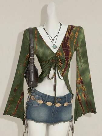 SHEIN x Ludmilla SHEIN ICON 女式嬉皮风格扎染低胸露背吊带长袖上衣