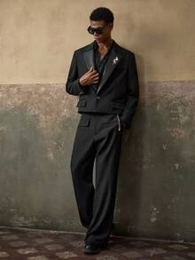 AKNOTIC Business Casual 2pcs Men's Wrinkle-Resistant Casual Suit Set - Loose Fit Jacket And Straight Leg Pants - Black - View 4