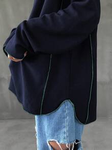 FRIFUL 女士休闲撞色拼接宽松落肩T恤，秋季长袖 - 藏蓝色 - 查看 7