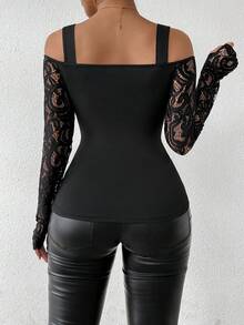 Allurite Áo thun bó sát hở vai ren gợi cảm, màu đen, tay dài, mùa thu - màu đen - Xem 2