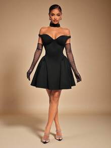 Radiana Damen sexy & elegantes schwarzes Off-Shoulder Minikleid, klassisches vintage kleines schwarzes Kleid, Partykleid, Abendkleid, geeignet für Bankette, Hochzeitsgäste, Brautjungfern - Schwarz - Übersicht 1