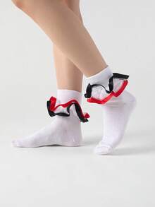 ROMWE Kawaii 1 paire de chaussettes mi-mollet pour femmes avec bordure à volants en maille contrastée rouge et noire, hauteur de cheville pliable, convient pour le port quotidien, les vacances et les fêtes - Multicolore - Voir 1