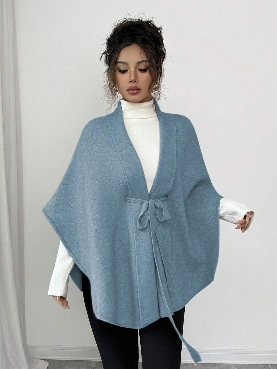 Rafferiza 时尚休闲约会高端斗篷披肩百搭独特优雅女士开衫毛衣，秋冬 - 藍色 - 查看 1