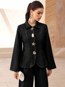Modelyn Fashionable Women's Set, Elegant Metal Button Decor Long Sleeve Blue Denim Top And High Waist Wide Leg Straight Pants - Black - View 7