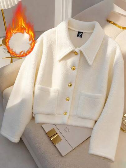 GlowEve CURVE 大码女士休闲日常通勤简约纯色拼布口袋金属单排扣毛绒开衫，冬季