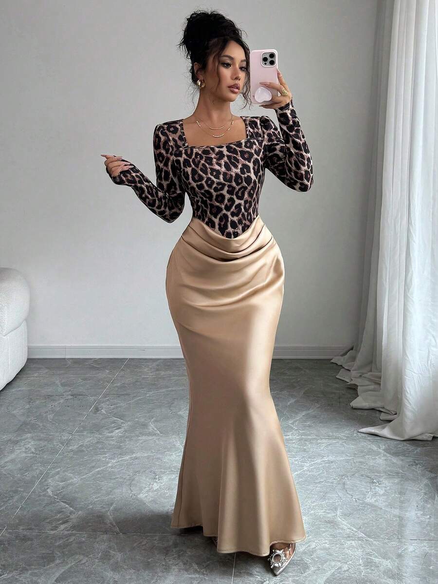 Elenzga 豹纹领长袖腰部收紧紧身缎面和粗花呢拼布二合一褶皱优雅法式通勤长裙 - 卡其色 - 查看 1