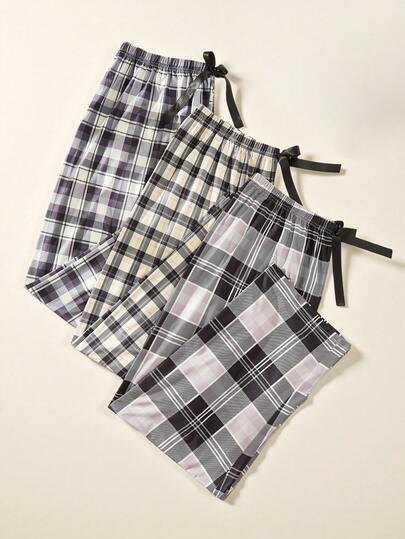 Snug Zone Plus 3pcs Plaid Print Bow Front Pajama Sleep Cozy Pants, Fall Winter Clothes
