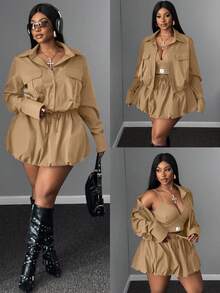 Maweii 2 delar plus size kvinnor casual outfit - kragejacka och hög midja plisserad kjol set, lämplig för arbete och vardagsbruk, höst/vinter - Kaki - Visa 1
