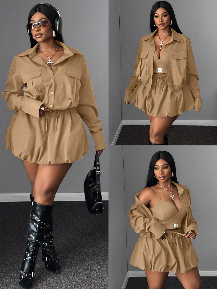 Maweii 2 delar plus size kvinnor casual outfit - kragejacka och hög midja plisserad kjol set, lämplig för arbete och vardagsbruk, höst/vinter - Kaki - Visa 1