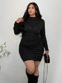 Firerie Gaun Malam Formal Musim Gugur Elegan Ukuran Plus Warna Hitam, Gaun Mini Lengan Panjang Berkerut Bergaris Payet dengan Kerah Turtleneck untuk Natal & Acara Gala - Hitam - View 1