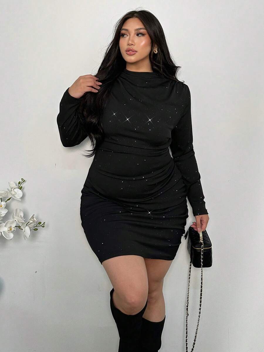 Firerie Gaun Malam Formal Musim Gugur Elegan Ukuran Plus Warna Hitam, Gaun Mini Lengan Panjang Berkerut Bergaris Payet dengan Kerah Turtleneck untuk Natal & Acara Gala - Hitam - View 1