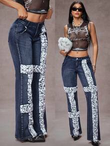 Jeanoix Women's Pockets Patchwork Leopard Faux Fur Flare Jeans - Blue - View 8