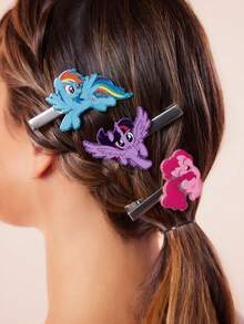 My Little Pony X SHEIN 6个可爱卡通甜美闪亮亚克力发夹，适合女士和女孩，闪亮的女士发饰，可用于夹刘海和整理碎发，暮光闪闪、碧琪和云宝黛西图案，紫色、粉色和蓝色 - 彩色 - 查看 4