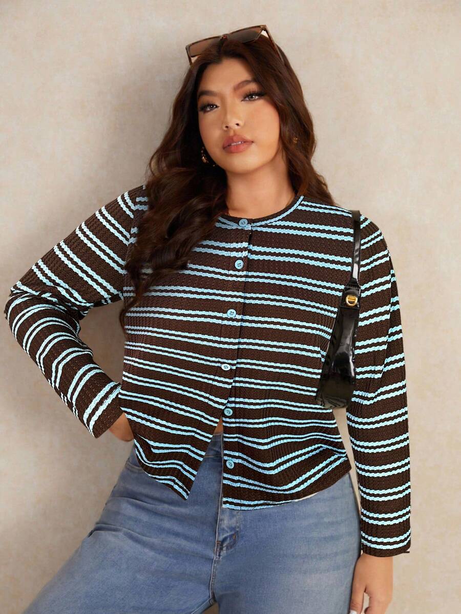 Elaquor Plus Size Women Striped Round Neck Long Sleeve Single-Breasted Casual T-Shirt - Multicolor - View 1