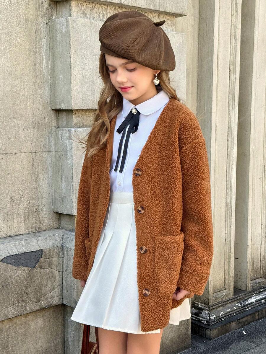 SHEIN Chaqueta casual de una hilera cálida para niñas preadolescentes, otoño/invierno