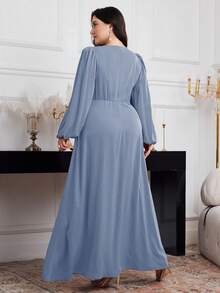 Modelyn Váy dài tay thanh lịch cổ bẻ xếp nếp màu trơn cỡ lớn, dành cho Giáng sinh, Váy đỏ tía cỡ lớn, Váy thanh lịch cỡ lớn, Váy dạ hội dài màu đỏ cỡ lớn - Màu xanh bụi bặm - Xem 2