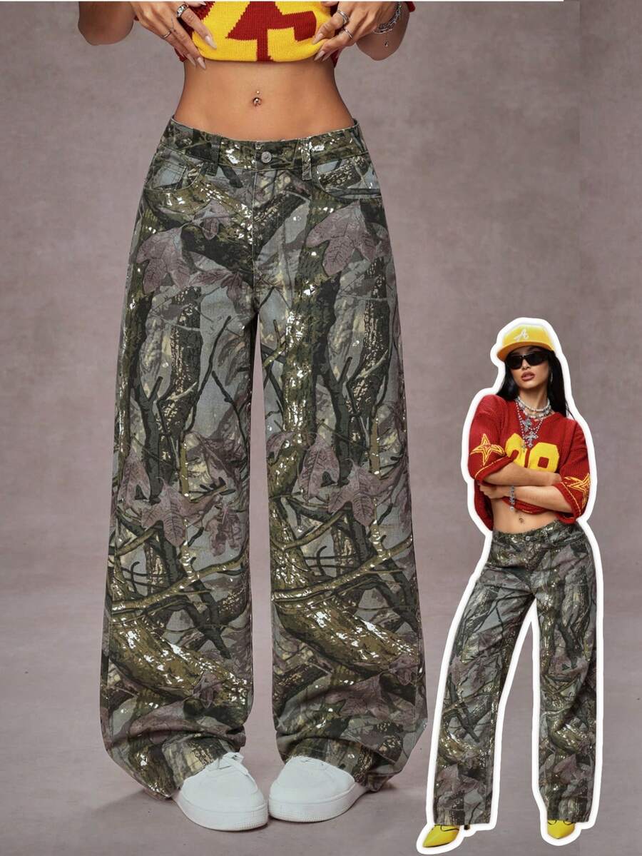 SHEIN Tall Tall Waist Maple Leaf Camouflage Print Washed Straight Leg Jeans - Multicolor - View 1
