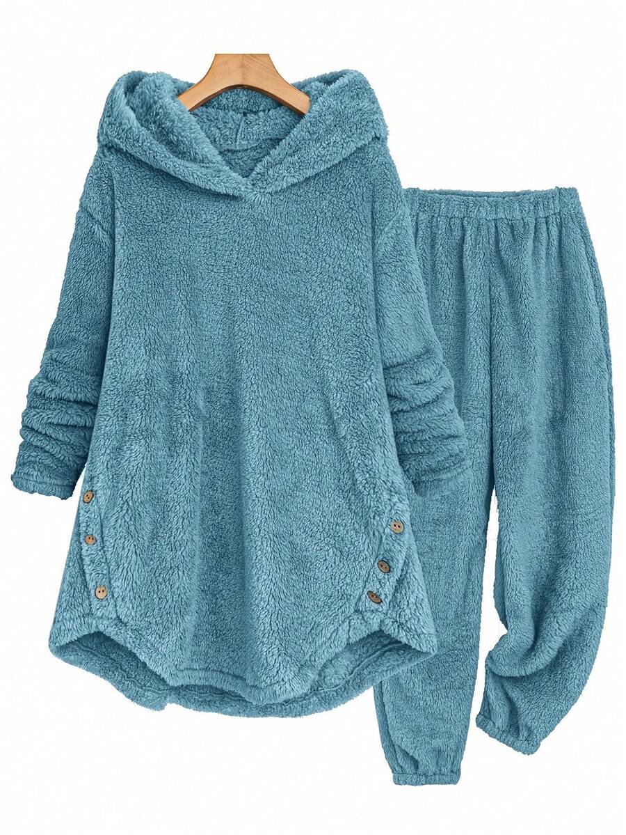 EMERY ROSE Women's Elegant Plush Long Sleeve 2 Pieces Loungewear Set, Autumn/Winter - Blue - View 1