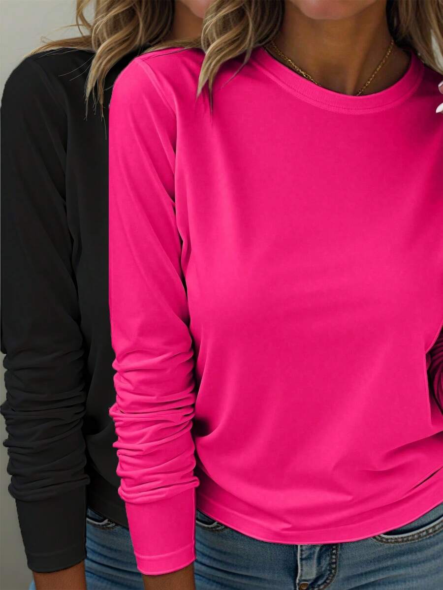 EMERY ROSE Dos piezas de camiseta de manga larga de cuello redondo de unicolor casual para mujer, adecuada para uso diario