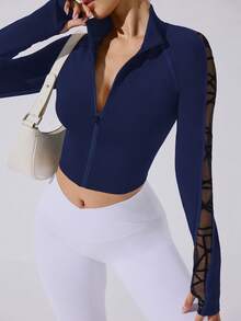 Dewbera Women's Geometric Mesh Patchwork Zip Front Raglan Sleeve Fitted Sports Jacket Mesh Workout Top Hollow Out Crop Sports Shirt