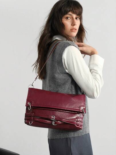 SHECARRY PU LEATHER WOMEN'S SHOULDER BAG RETRO  WINE RED  FOR PARTY