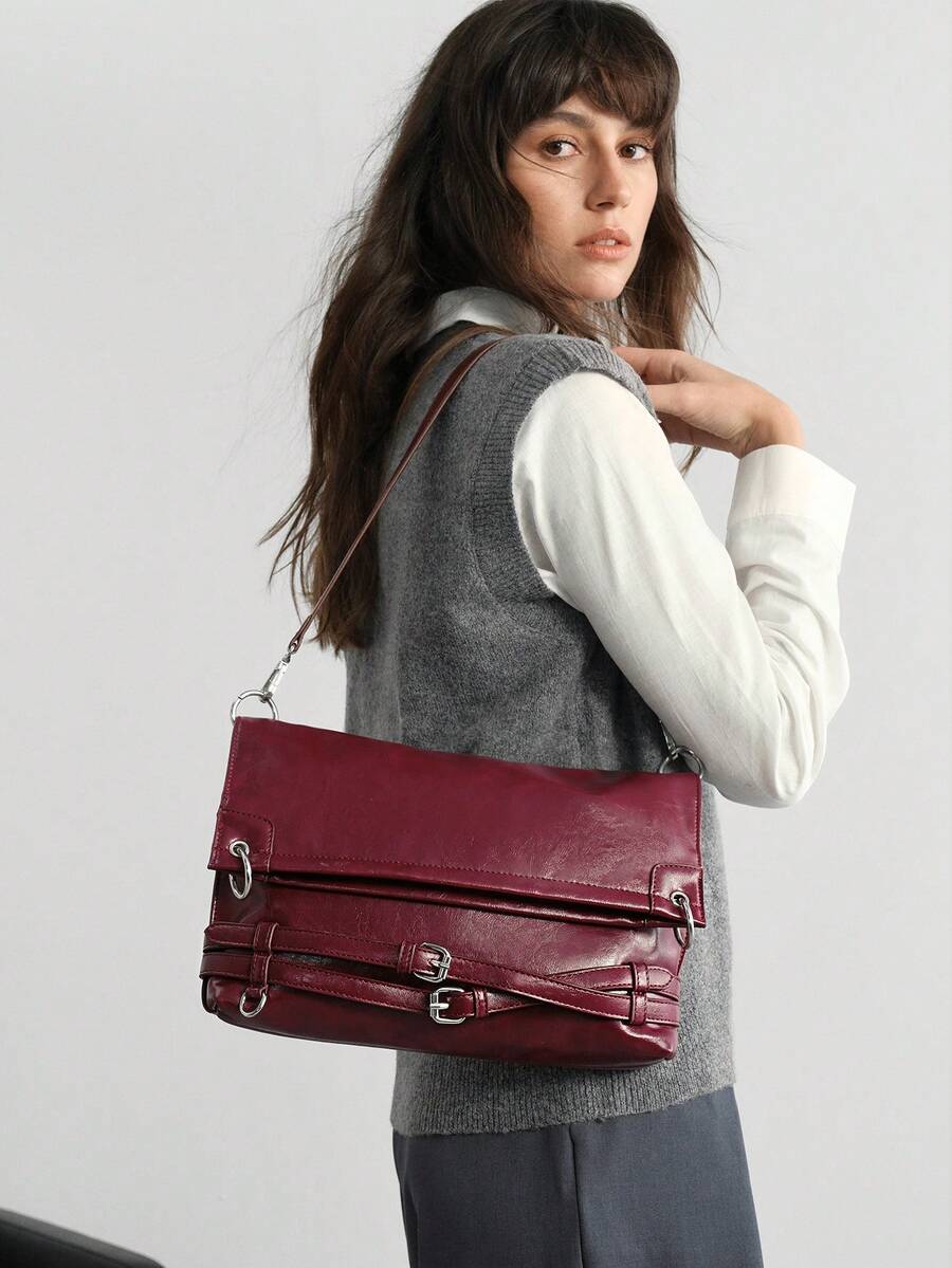 SHECARRY PU LEATHER WOMEN'S SHOULDER BAG RETRO  WINE RED  FOR PARTY - Burgundy - View 1