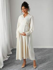 SHEIN Versatile & Comfortable Oblique Collar Long Sleeve Dress - Apricot - View 4
