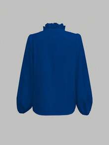 SHEIN LUNE Women's Solid Color Ruffle V-Neck Long Sleeve Fashion Blouse - Royal Blue - View 2