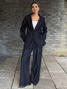 DAZY Women's Casual Collared Waist Top And Jeans Pants Set, Autumn - Dark Wash - View 4