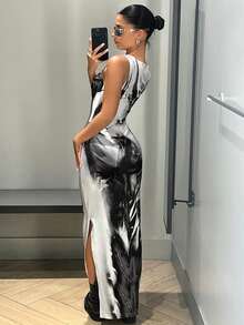 SHEIN ICON Graphic Print Split Thigh Tank Long Dress - Multicolor - View 6