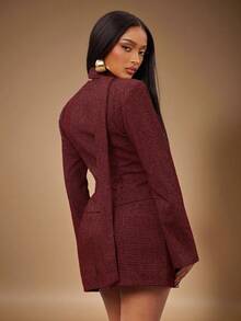 3 件套复古别致通勤棕色千鸟格羊毛西装套装：修身西装外套 + 低腰裙 + 围巾（含垫肩） - 紅色 - 查看 2