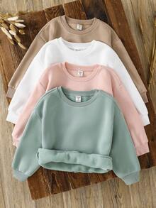 SHEIN 4件套女童纯色保暖长袖卫衣，秋冬季百搭姐妹装长袖上衣，纯色长袖卫衣，青少年纯色卫衣，可爱纯色卫衣 - 彩色 - 查看 1