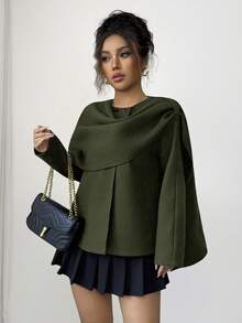 SHEIN Elenzya 秋冬复古巧克力色披肩领外套 - 綠色 - 查看 5
