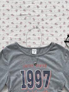 少女灰色字母印花圆领长袖T恤 - 灰色 - 查看 5